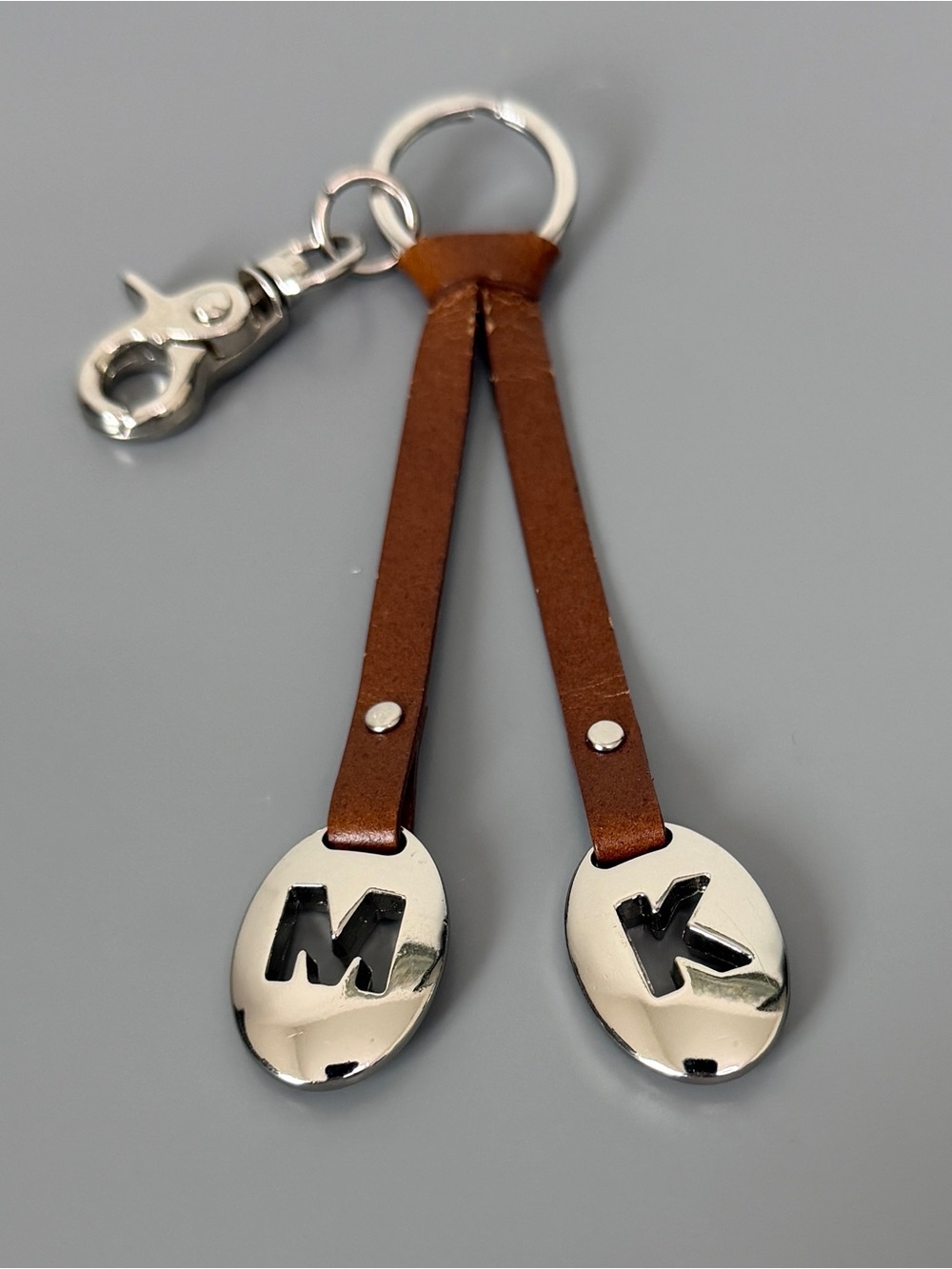 Michael Kors Silver Signature MK Bag Charm Brown Leather Keychain